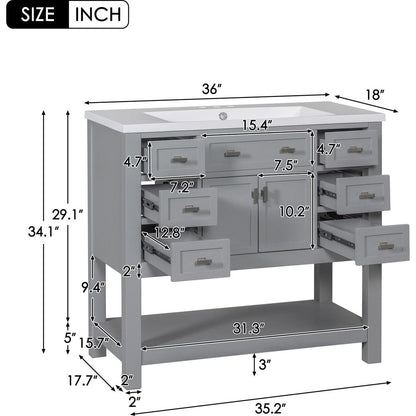 36" Bathroom Vanity with Top Sink, Modern Bathroom Storage Cabinet with 2 Soft Closing Doors and 6 Drawers, Single Sink Bathroom Vanity