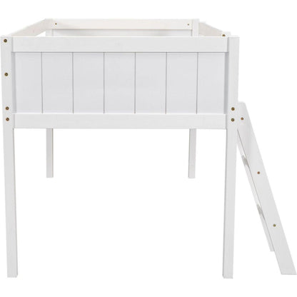 Twin Size Wood Low Loft Bed with Ladder, ladder can be placed on the left or right, White