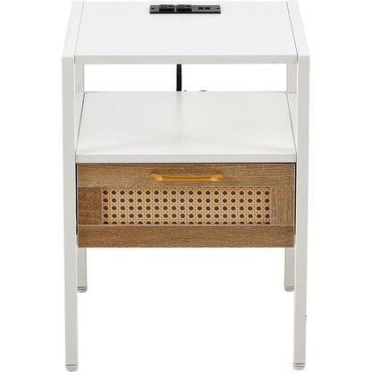 Set of 2, 15.75" Rattan End table with Power Outlet & USB Ports, Modern nightstand with drawer and metal legs, side table for living room, bedroom,white