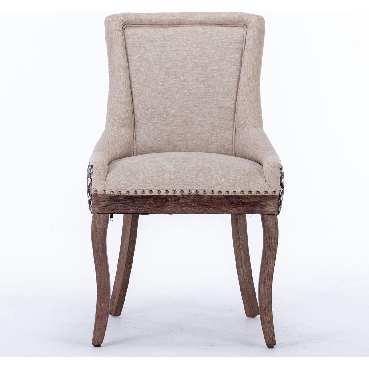 Ultra Side Dining Chair, Thickened fabric chairs with neutrally toned solid wood legs, Bronze nail head, Set of 2, Beige and Patterned