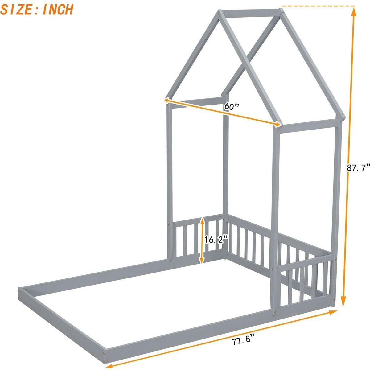 Full Roof-framed Headboard Floor Bed with Headboard Guardrails, without Slats, Grey
