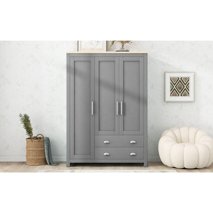Three Door Storage Wardrobe with Cabinets and Two Hanging Rods,Gray