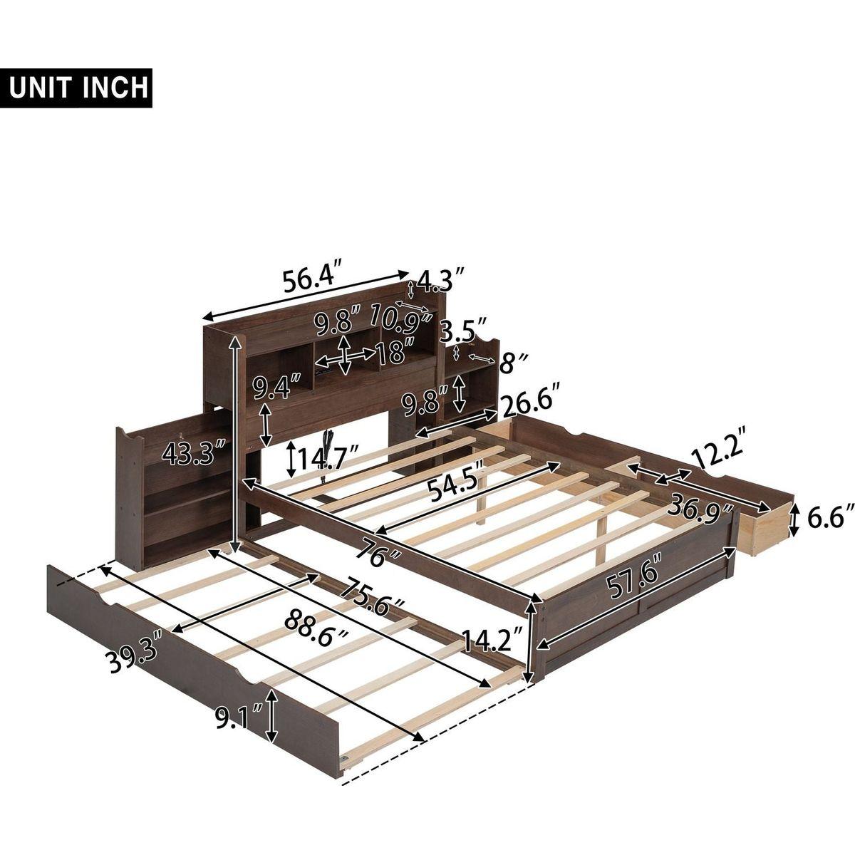 Full Size Storage Platform Bed with Pull Out Shelves, Twin Size Trundle and 2 Drawers, Espresso
