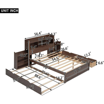 Full Size Storage Platform Bed with Pull Out Shelves, Twin Size Trundle and 2 Drawers, Espresso