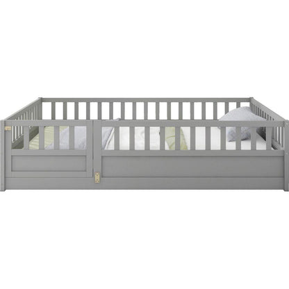 Full size Floor bed, integral construction with super high security barrier, door, children's floor bed frame, Montessori wooden children's floor bed, Support slat Grey