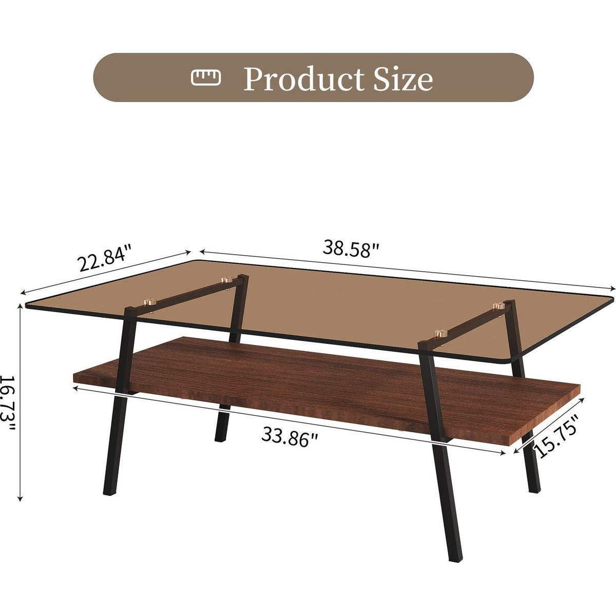 Rectangle Coffee Table, Tempered Glass Tabletop with Black Metal Legs, Modern Table for Living Room, Brown Glass