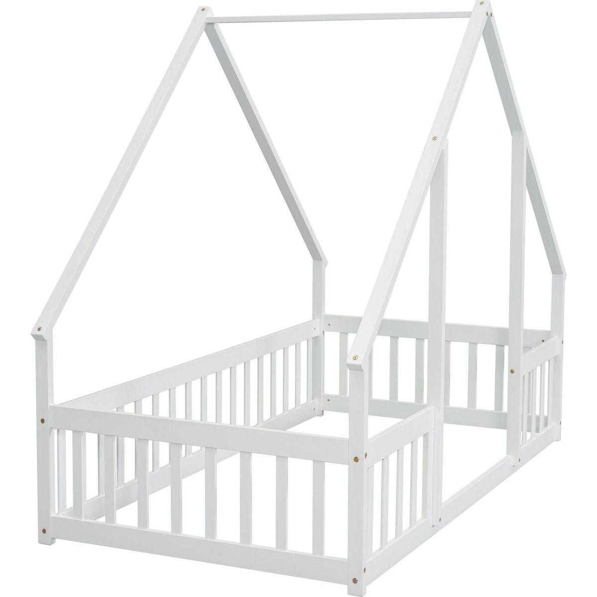 Twin Wood House-Shaped Floor Bed with Fence, Guardrails, White