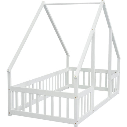 Twin Wood House-Shaped Floor Bed with Fence, Guardrails, White