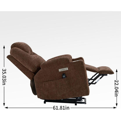 Okin motor Up to 350 LBS Chenille Power Lift Recliner Chair, Heavy Duty Motion Mechanism with 8-Point Vibration Massage and Lumbar Heating, USB and Type-C Ports, Stainless Steel Cup Holders, Brown