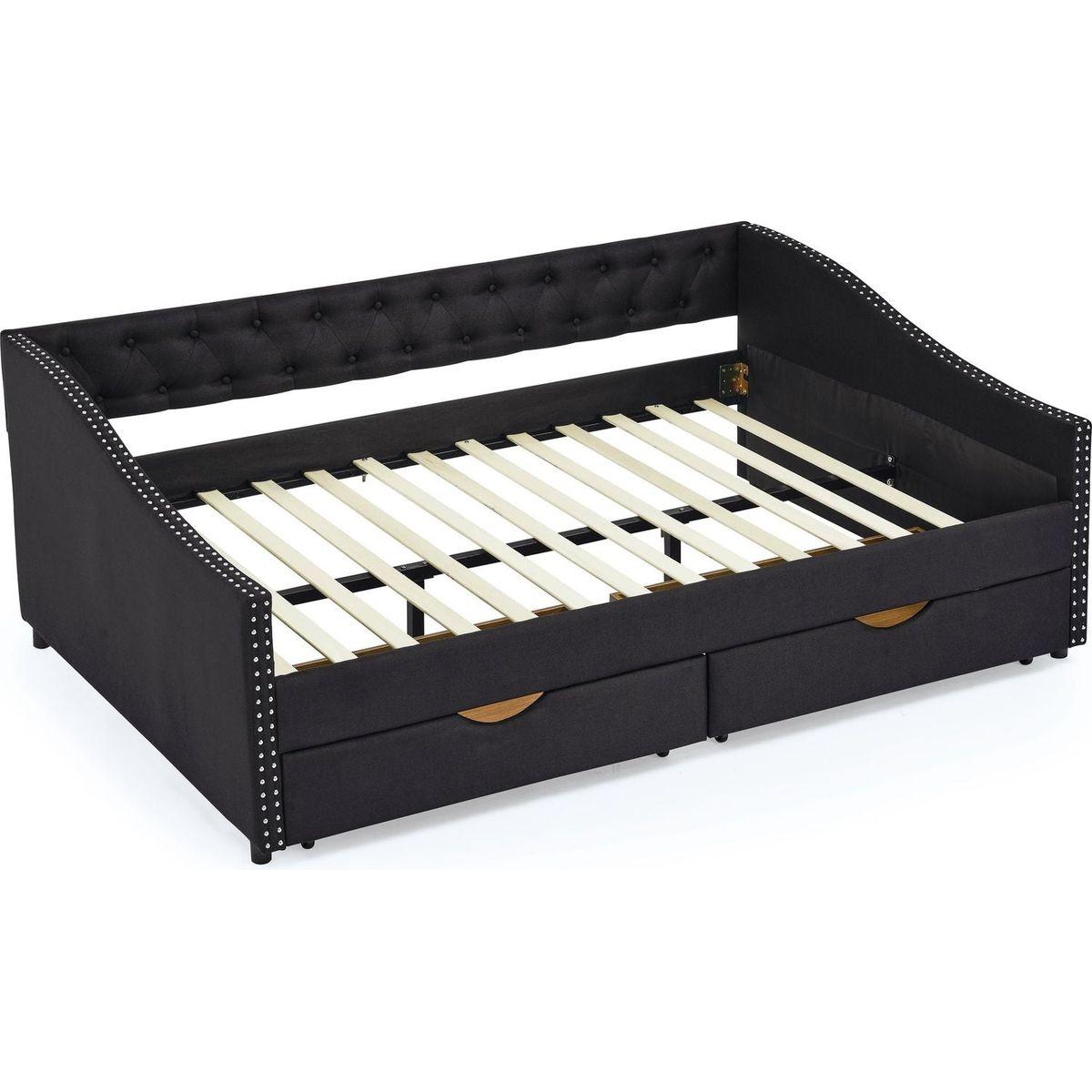 Full Size Daybed with Drawers Upholstered Tufted Sofa Bed, with Button on Back and Copper Nail on Waved Shape Arms(80.5"x55.5"x27.5")