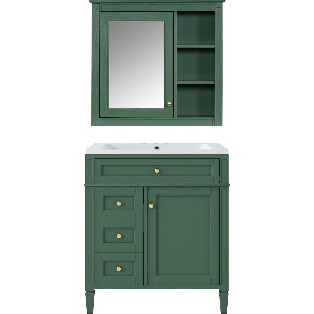 30" Bathroom Vanity with Top Sink, Modern Bathroom Storage Cabinet with 2 Drawers and a Tip-out Drawer, Freestanding Vanity Set with Mirror Cabinet, Single Sink Bathroom Vanity