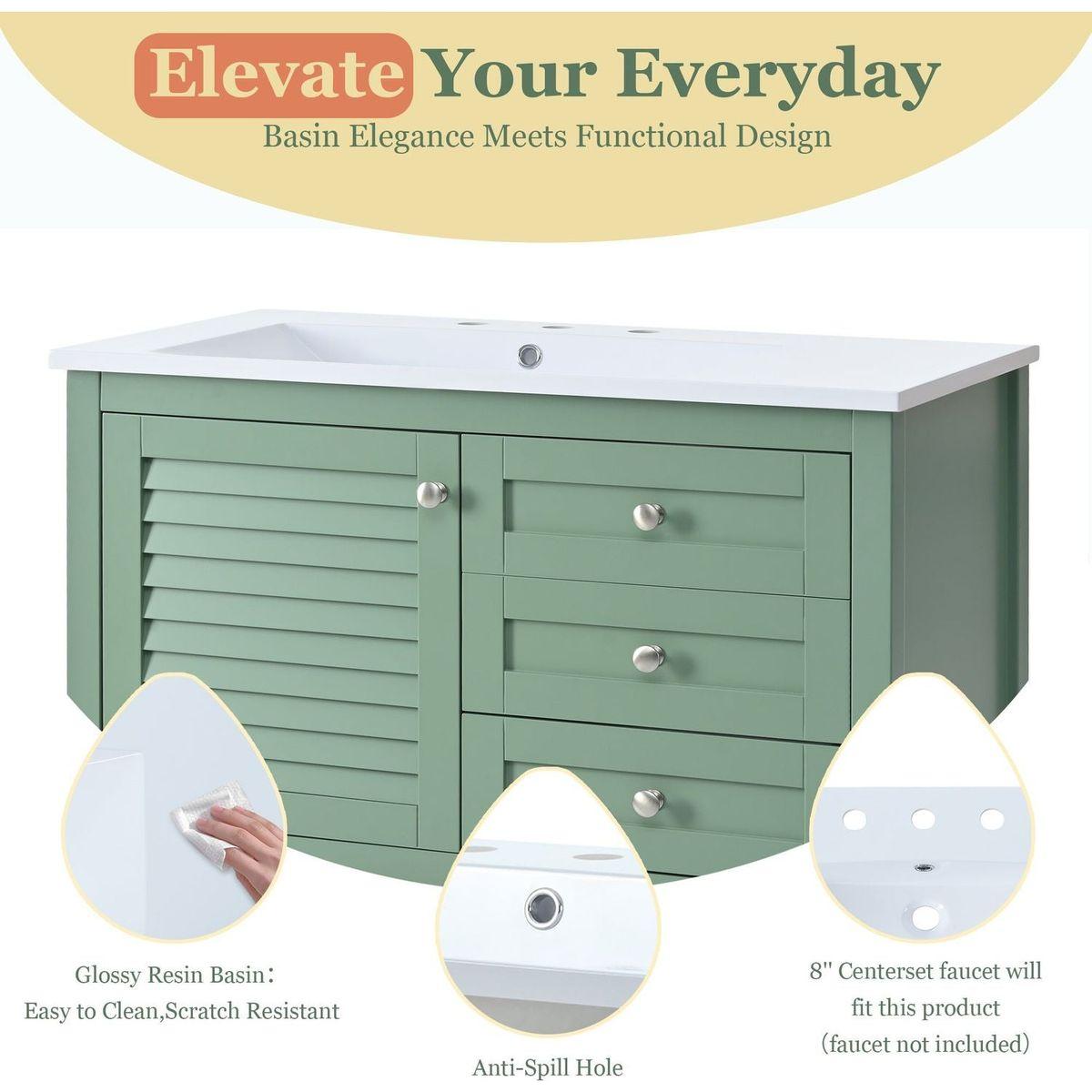 36" Bathroom Vanity with Undermount Sink, Free Standing Vanity Set with 2 Drawers& Soft Closing Doors, Bathroom Storage Cabinet with Solid Wood Feet, Green