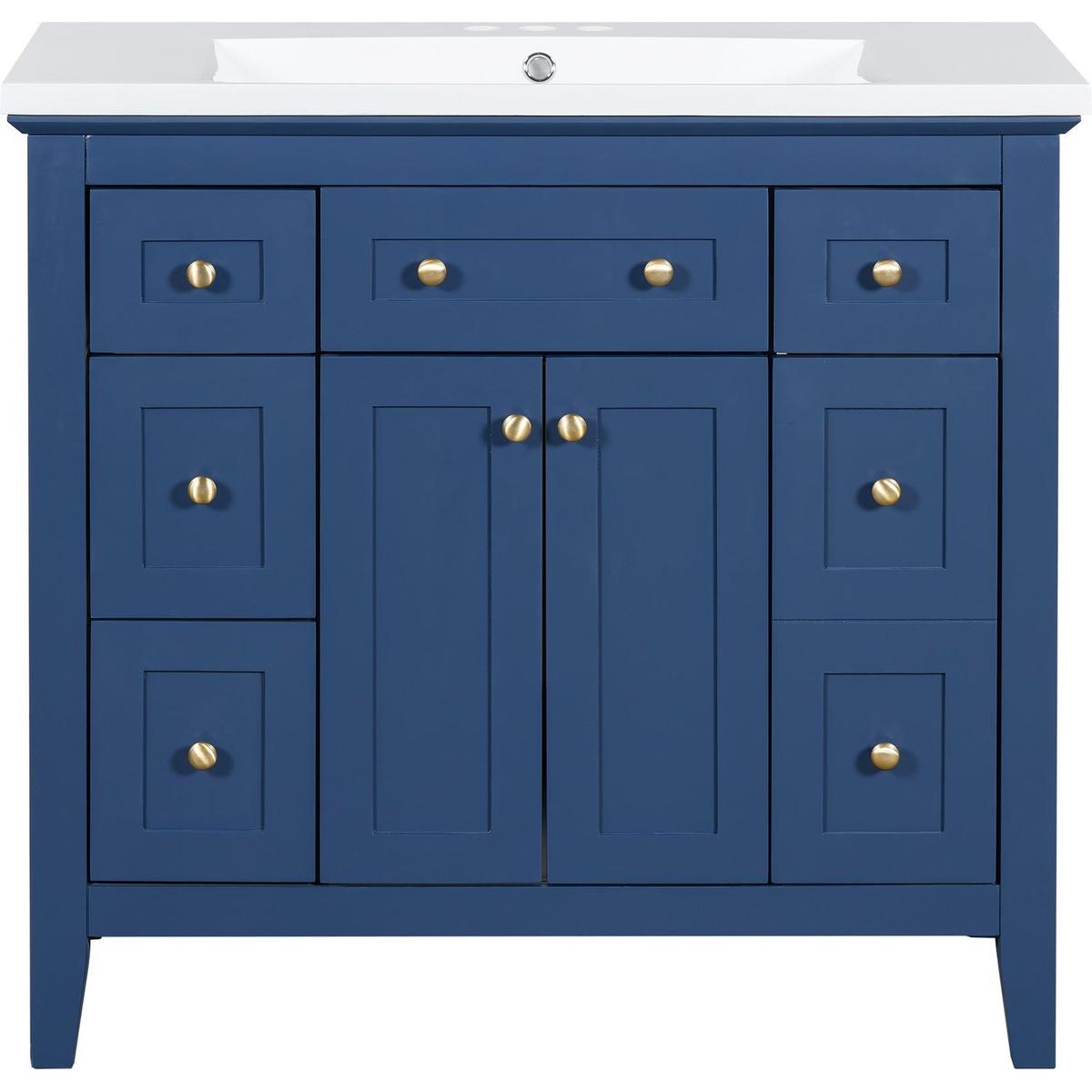 36" Bathroon Vanity with Resin Sink Combo Set, Modern Freestanding Single Bathroom Cabinet with 6 Drawers & 2 Cabinets, Storage Cabinet for Bathroom, Solid Wood Frame Vanity Set, Blue