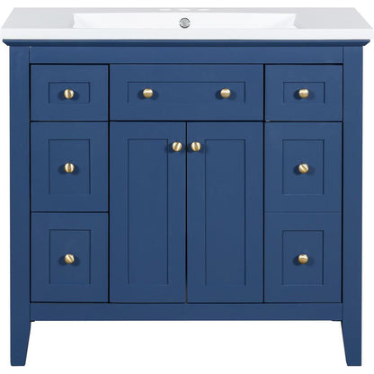 36" Bathroon Vanity with Resin Sink Combo Set, Modern Freestanding Single Bathroom Cabinet with 6 Drawers & 2 Cabinets, Storage Cabinet for Bathroom, Solid Wood Frame Vanity Set, Blue