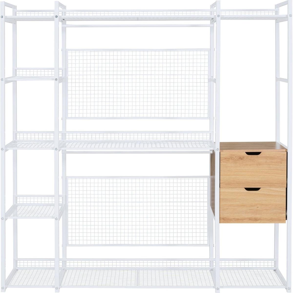 Open-Style Wardrobe with Hanging Rails, Shelves and Drawers, White
