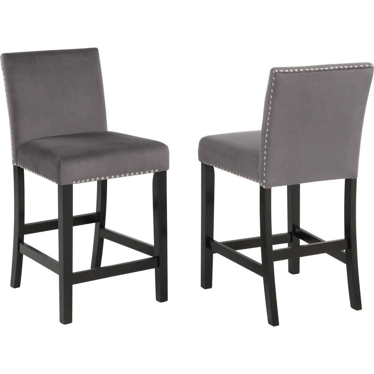 Cobre Contemporary Velvet Counter Stool with Nailhead Trim, Set of 2, Gray