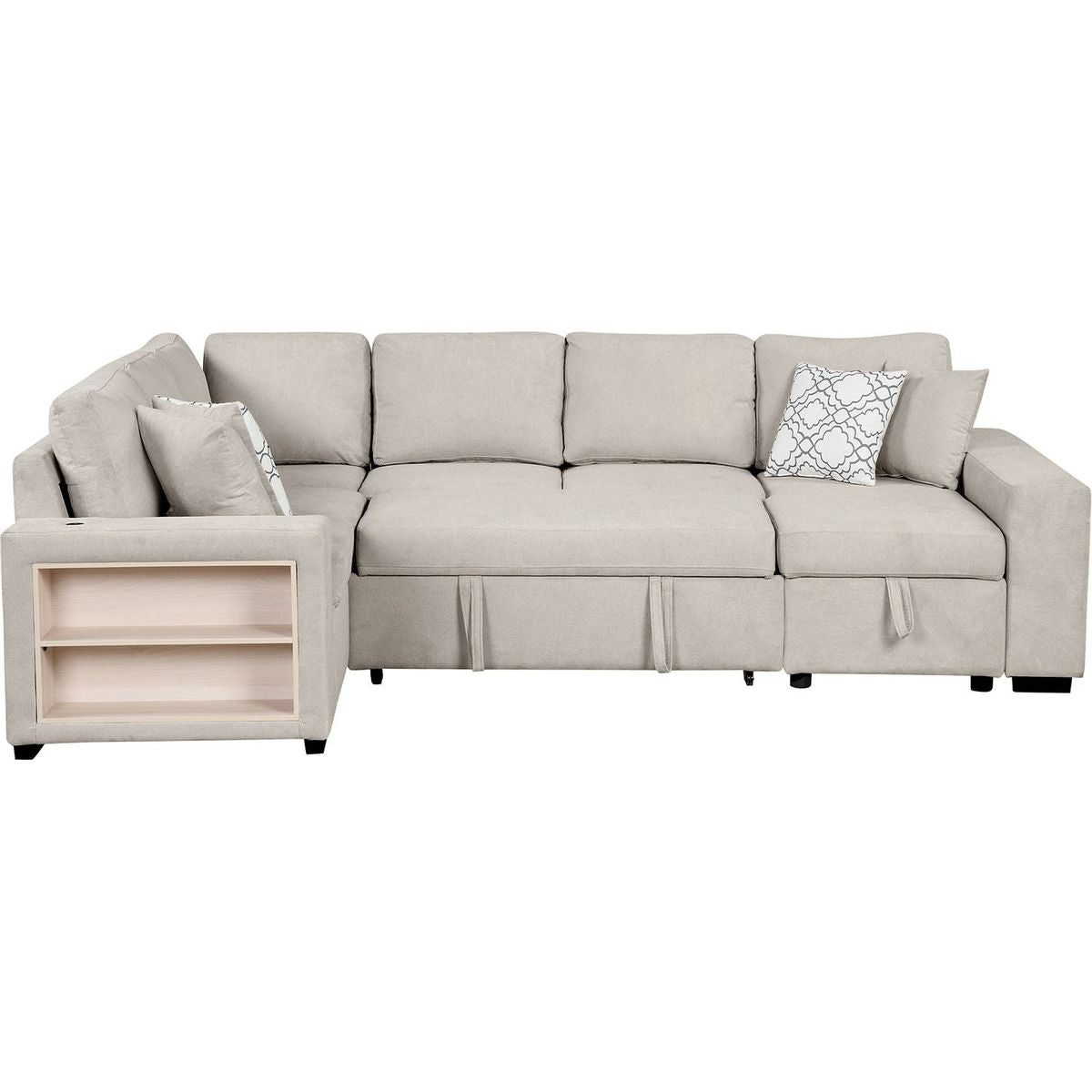 109" U-shaped Sectional Sofa Pull-out Sofa Bed with Two USB Ports, a Storage Chaise Lounge and Four Back Pillows for Living Room, Beige