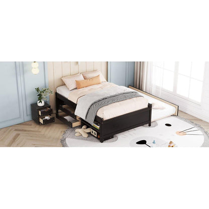 Versatile Full Bed with Trundle,Under bed Storage Box and Nightstand .Espresso