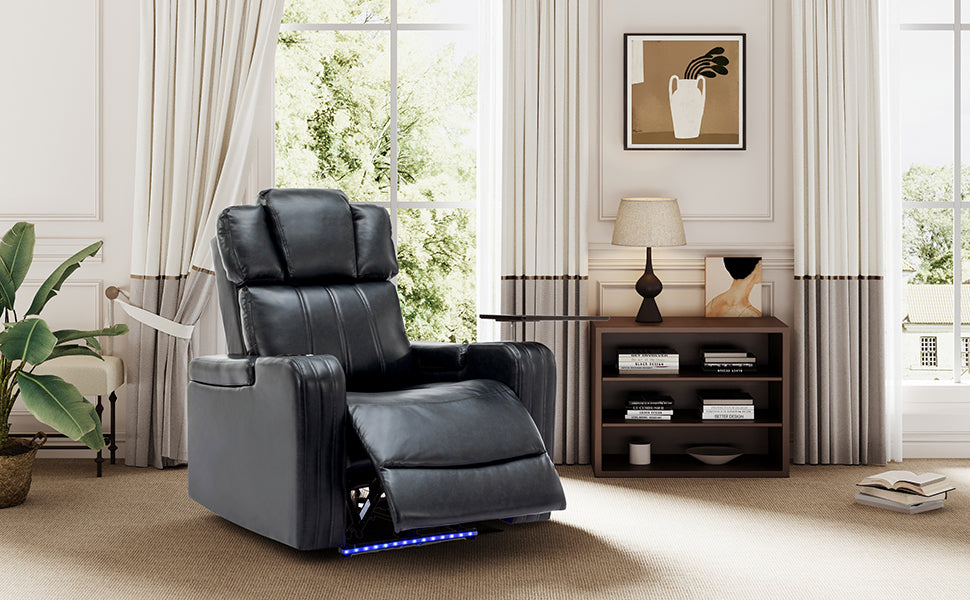 PU Leather Power Recliner Individual Seat Home Theater Recliner with Cooling Cup Holder, Bluetooth Speaker, LED Lights, USB Ports, Tray Table, Arm Storage for Living Room, Black