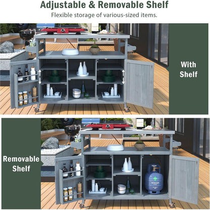 Outdoor Kitchen Island, Rolling Bar Cart & Storage Cabinet, Farmhouse Solid Wood Outdoor Grill Table with Stainless Steel Top, Spice Rack, Towel Rack for Kitchen & BBQ, Grey Blue
