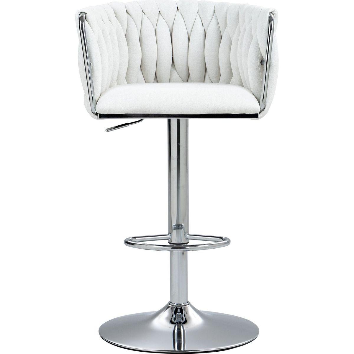 360 Fabric cover Swivel Bar Stools Set of 2, Adjustable Counter Height Bar Chairs with Woven Back & Footrest,Silver chromed Bar Stools for Kitchen Island, Cafe, Pub (Beige)