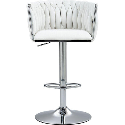 360 Fabric cover Swivel Bar Stools Set of 2, Adjustable Counter Height Bar Chairs with Woven Back & Footrest,Silver chromed Bar Stools for Kitchen Island, Cafe, Pub (Beige)