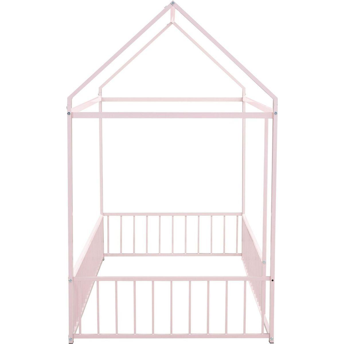 Twin Size Metal Bed House Bed Frame with Fence, for Kids, Teens, Girls, Boys, Pink - Streamdale Furniture