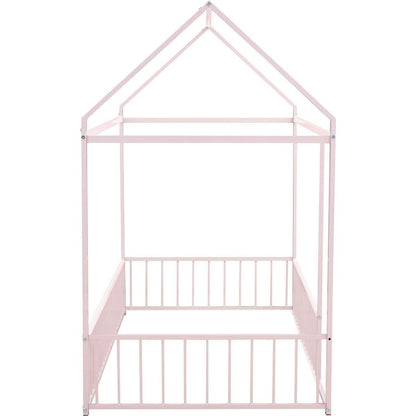 Twin Size Metal Bed House Bed Frame with Fence, for Kids, Teens, Girls, Boys, Pink - Streamdale Furniture