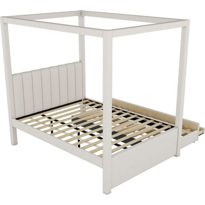 Full Size Upholstery Canopy Platform Bed with Trundle and Three Storage Drawers, Beige - Streamdale Furniture