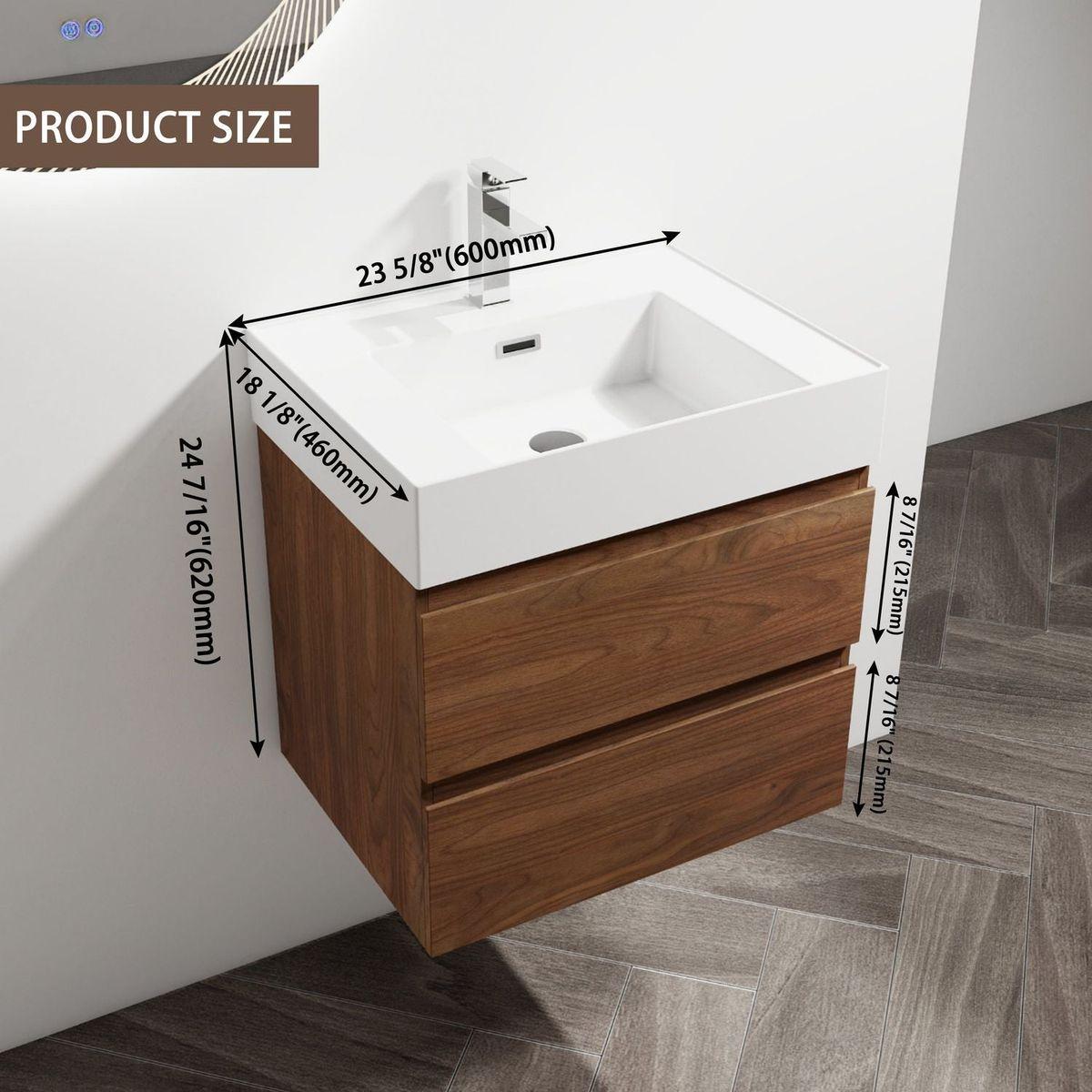 24" Wall-Mounted Bathroom Vanity With Resin Sink, 2-Soft Close Drawers, KD-Package