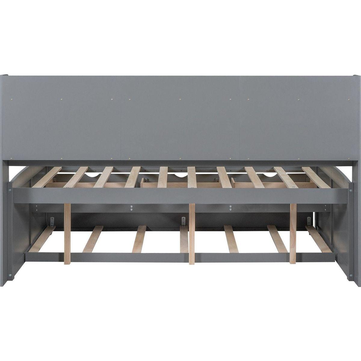 Full Size Wooden Captain Bed with Built-in Bookshelves,Three Storage Drawers and Trundle,Light Grey