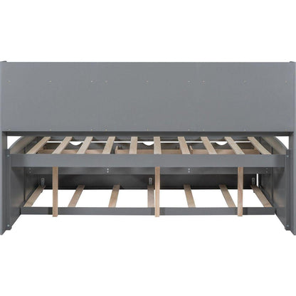 Full Size Wooden Captain Bed with Built-in Bookshelves,Three Storage Drawers and Trundle,Light Grey