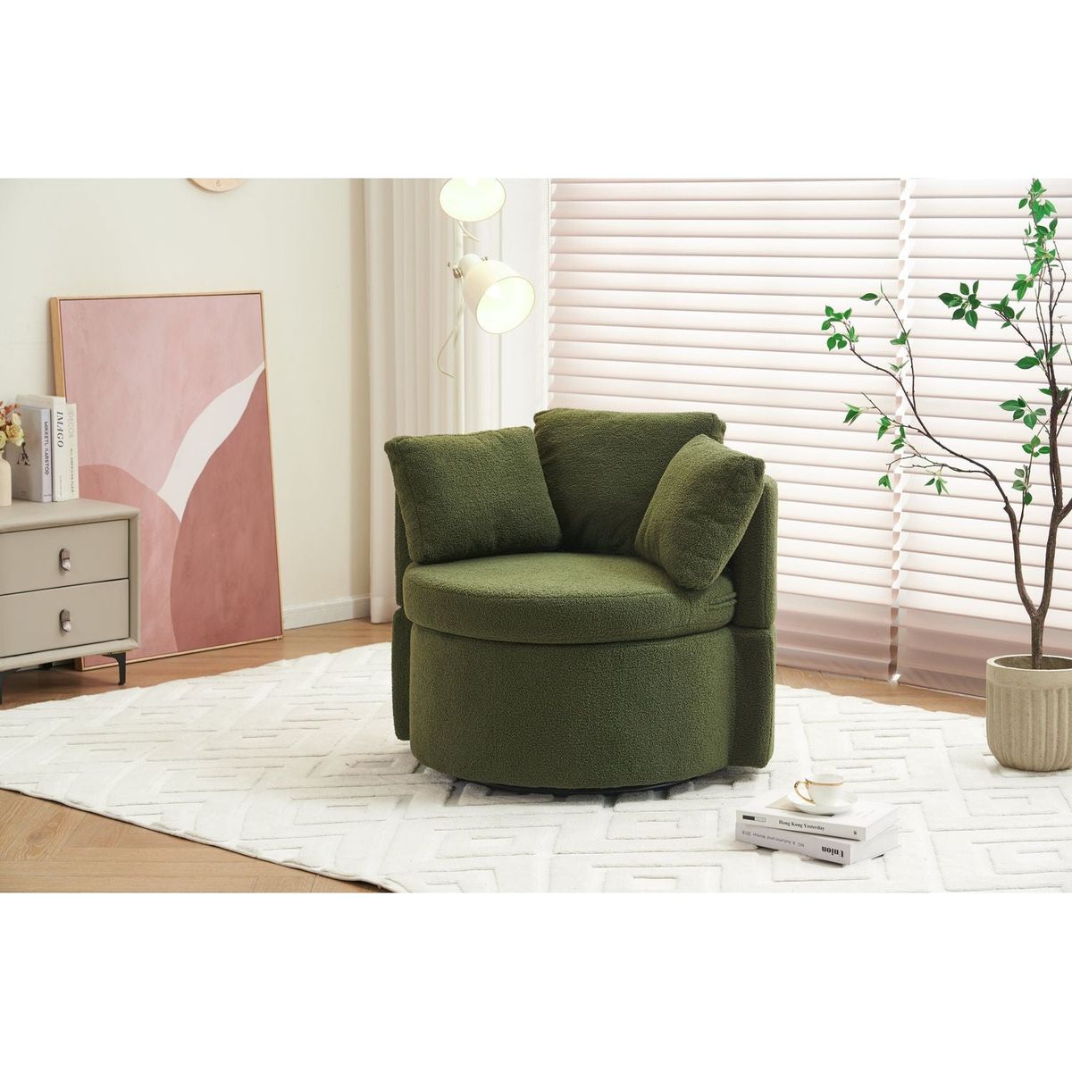 Teddy Fabric Swivel And Storage Chair With Back Cushion For Living Room,Green