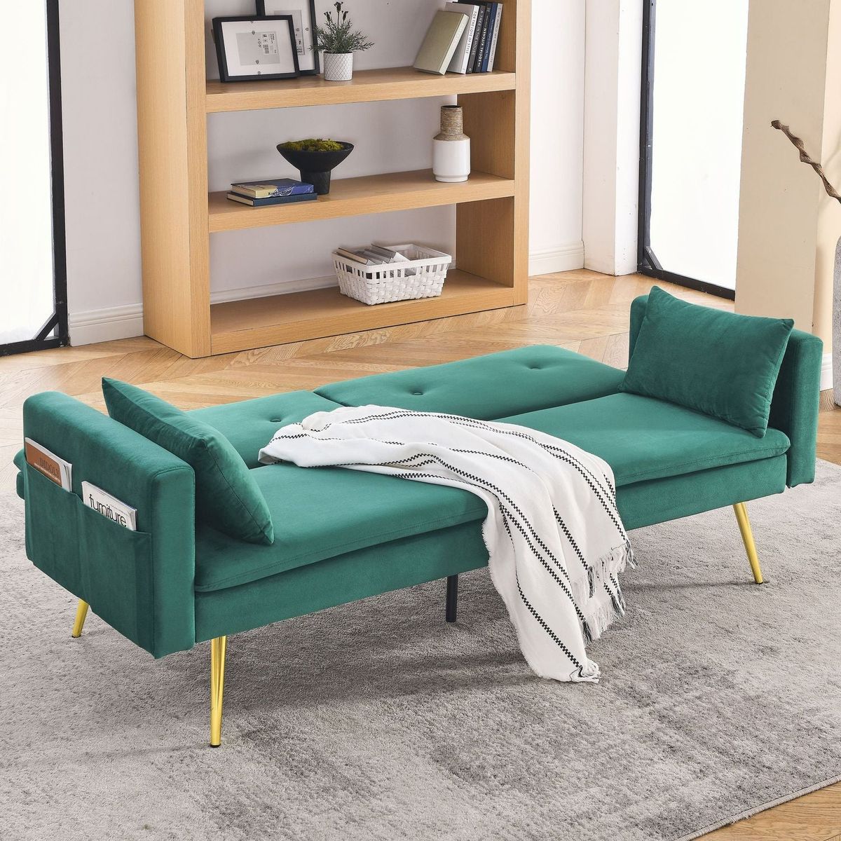 72.5" Convertible Sofa Bed, Adjustable Velvet Sofa Bed - Velvet Folding Lounge Recliner - Reversible Daybed - Ideal for Bedroom with Two Pillows and Center Leg