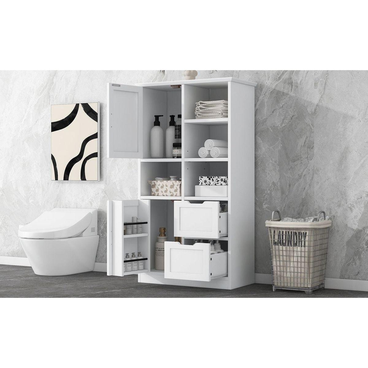 Bathroom Storage Cabinet with Doors and Drawers, Multiple Storage Space, Freestanding Style, Open Shelve, Adjustable Shelf, White