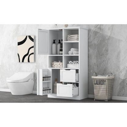 Bathroom Storage Cabinet with Doors and Drawers, Multiple Storage Space, Freestanding Style, Open Shelve, Adjustable Shelf, White