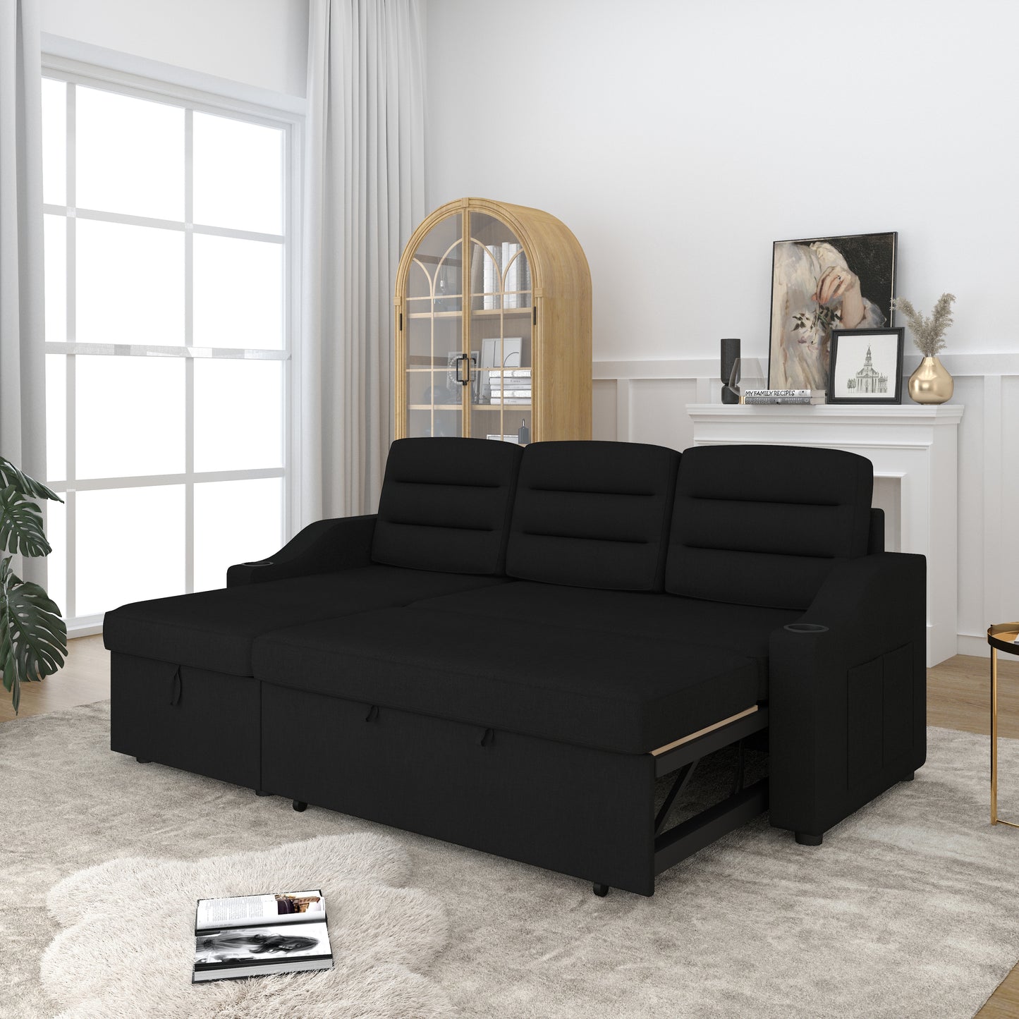 83.5" Convertible Sleeper Combo Sofa, Convertible Sofa Bed Polyester Pullout Bed with Storage Recliner and Cup Holder for Living Room, Tight Spaces