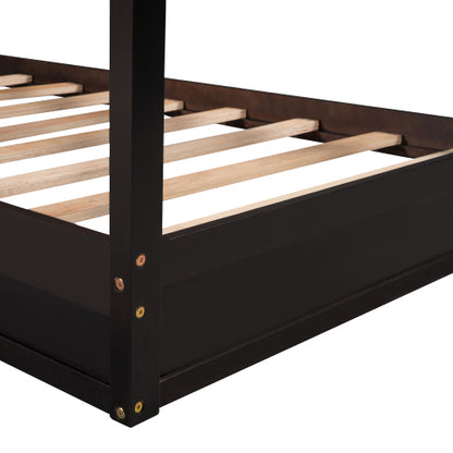Wood House Bed Twin Size, 2 Twin Solid Bed L structure with fence and slatted frame, Espresso