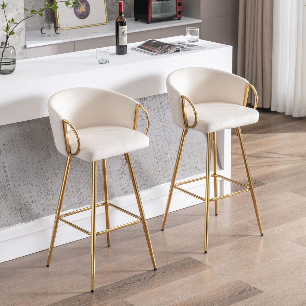 26 Inch Set of 2 Bar Stools,with Chrome Footrest and Base Velvet + Golden Leg Simple Bar Stoo,CREAM
