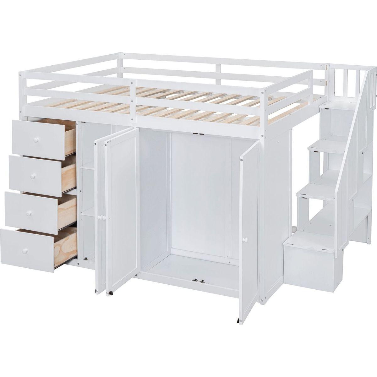 Full Size Wood Loft Bed With Built-in Wardrobes, Cabinets and Drawers, White