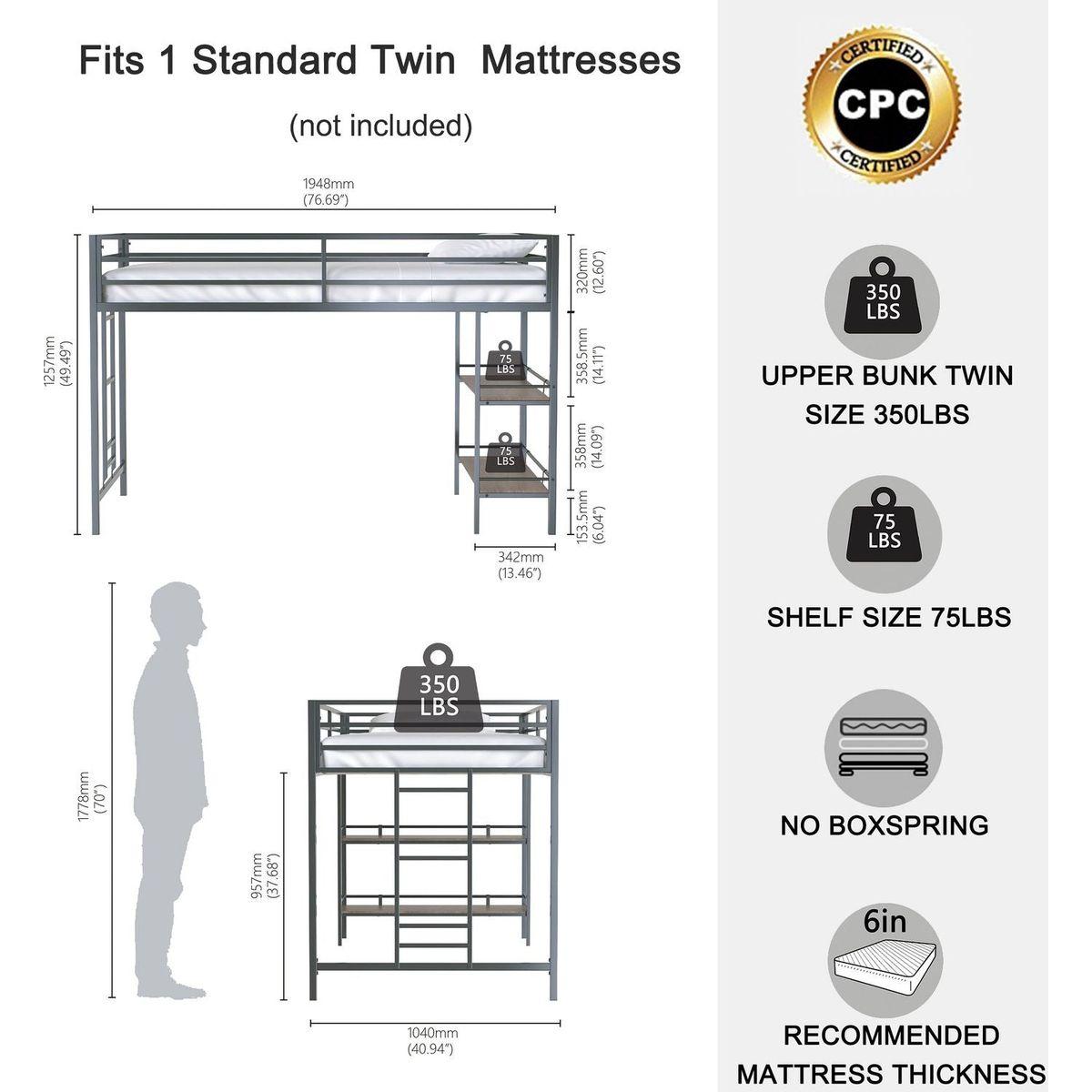 Adam sturdy junior twin loft bunk black with Cinnamon wood shelf for kids with easy climbing ladder, space saving