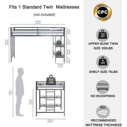 Adam sturdy junior twin loft bunk black with Cinnamon wood shelf for kids with easy climbing ladder, space saving