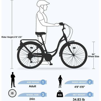 7 Speed, Steel Frame, Multiple Colors 24 Inch Ladies Bicycle