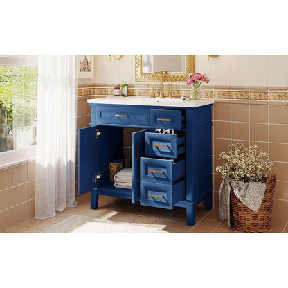 36-inch Bathroom Vanity with Resin Sink, Modern Bathroom Cabinet in Blue, Featuring Two Soft Close Doors and Four Drawers