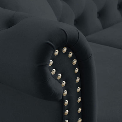 58.8" Chesterfield Sofa Black Velvet for Living Room, 2 Seater Sofa Tufted Couch with Rolled Arms and Nailhead for Living Room, Bedroom, Office, Apartment, two pillows