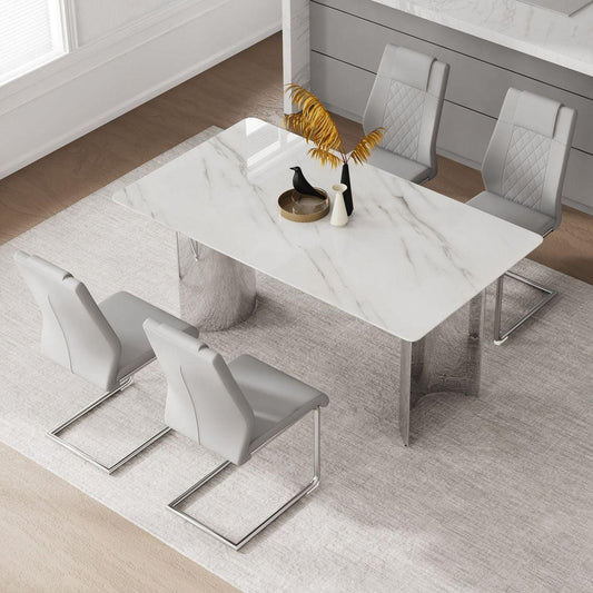 Table and chair set.Modern minimalist dining table. Imitation marble glass sticker desktop, stainless steel legs, stable and beautiful. Comfortable PU seats.DT-69