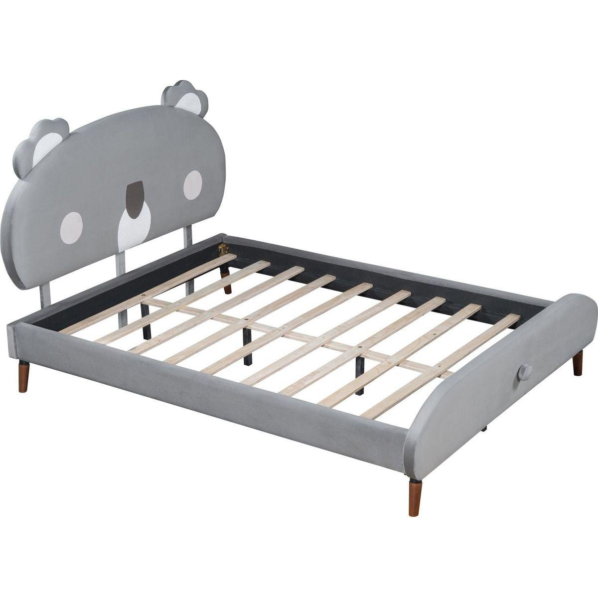 Full Size Upholstered Platform Bed with Koala-Shaped Headboard, Gray