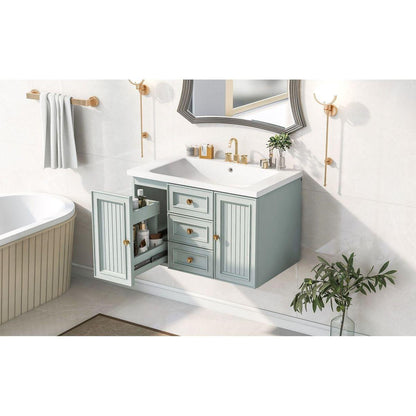 30" Wall Mounted Bathroom Vanity with Sink Combo, Functional Drawer, Solid Wood & MDF Board & Ceramic, Green