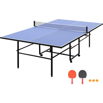 9ft Mid-Size Table Tennis Table Foldable & Portable Ping Pong Table Set for Indoor & Outdoor Games with Net, 2 Table Tennis Paddles and 3 Balls