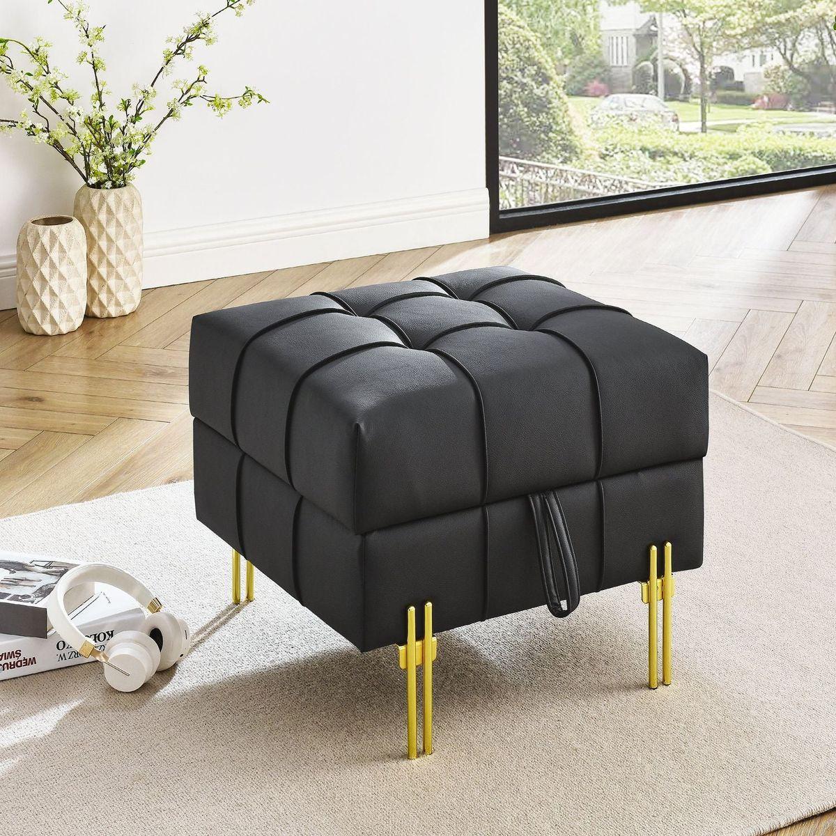 22 inches Anti-scratch Leather Storage Ottoman, Pet Friendly Entryway Bench with Golden Stainless Steel Legs, Black